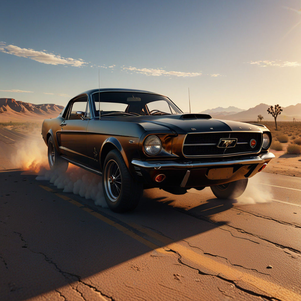 Mid-20th Century American Muscle Car Speeds Down Desert High...