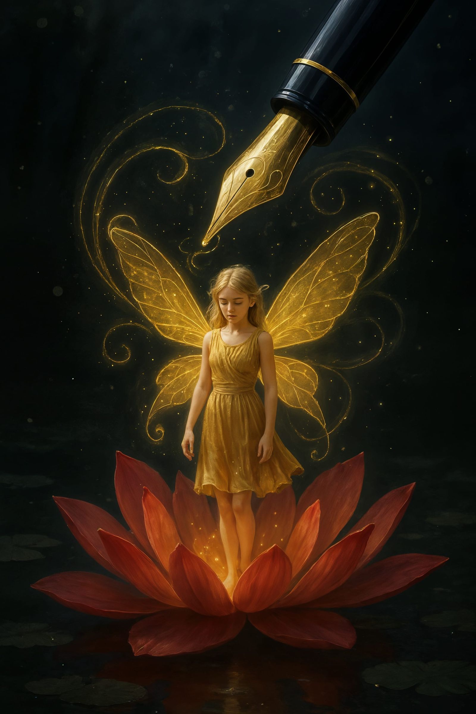 Fairy on Lotus Flower with Golden Pen