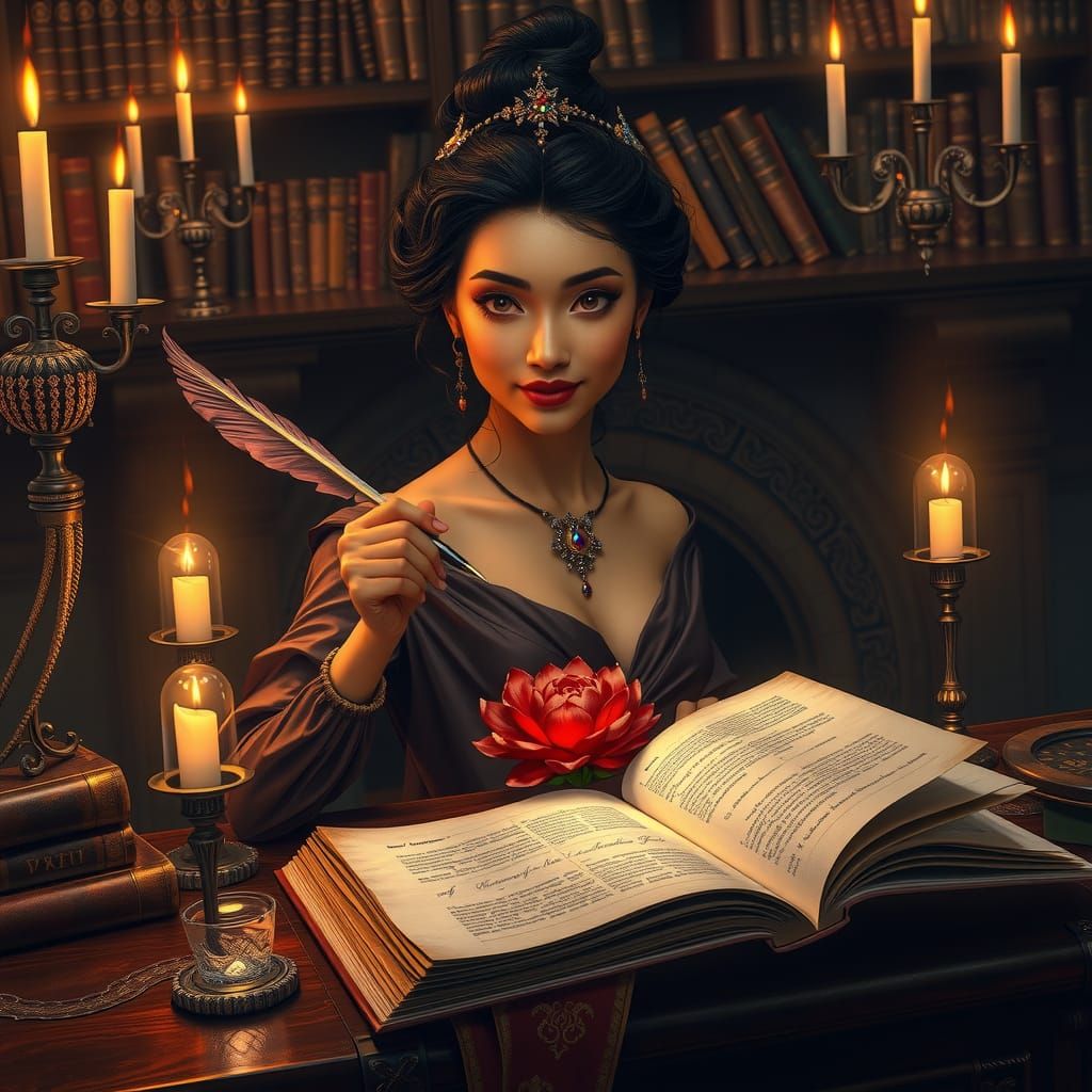 Elegant Woman at Ancient Desk with Crimson Flower Tongue