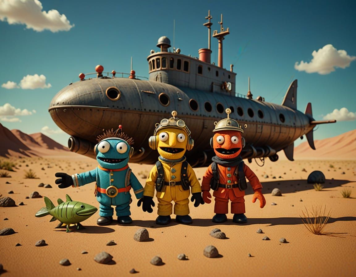 Humorous Sock Puppets Pose Before Stranded Submarine