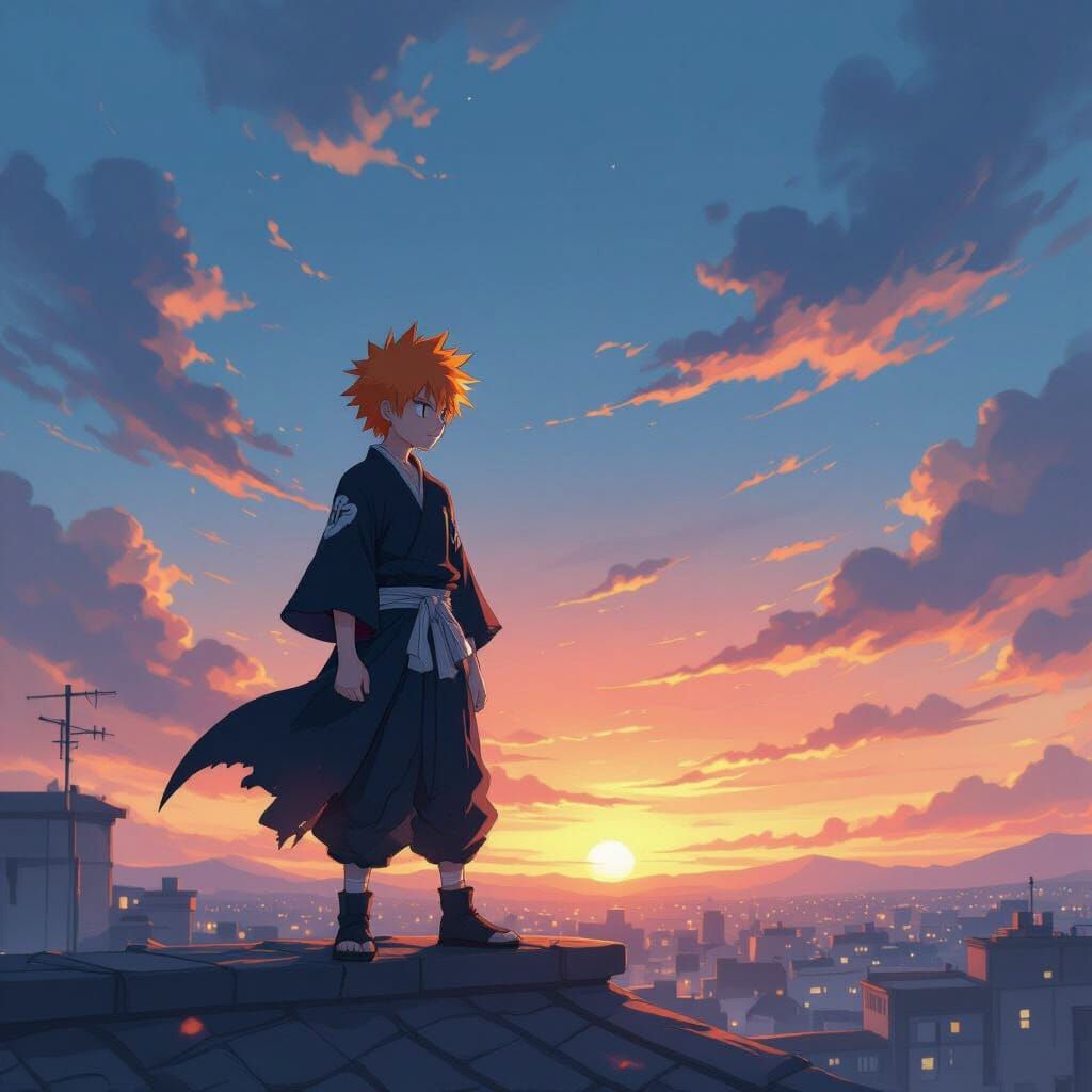 Soul Reaper Son Stands Defiant on Rooftop at Dusk