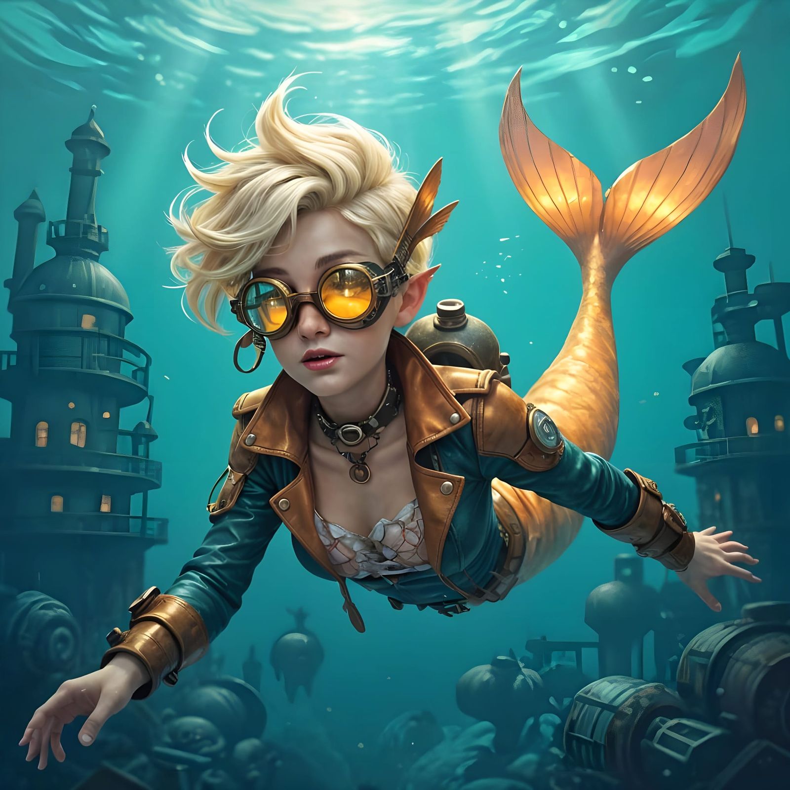 Steampunk Mermaid Swims by Dieselpunk City