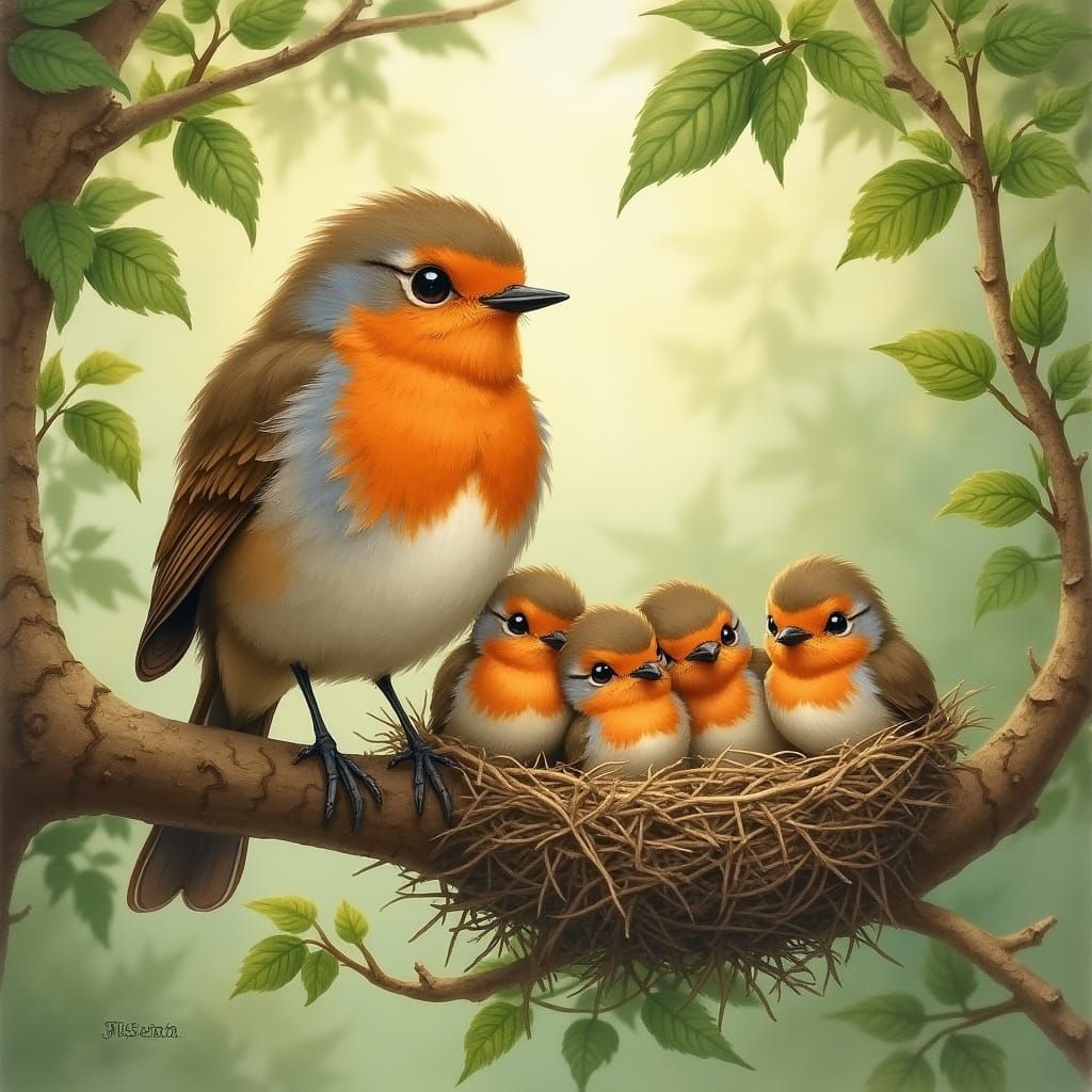 A proud mother robin with a nest full of baby robins sitting...