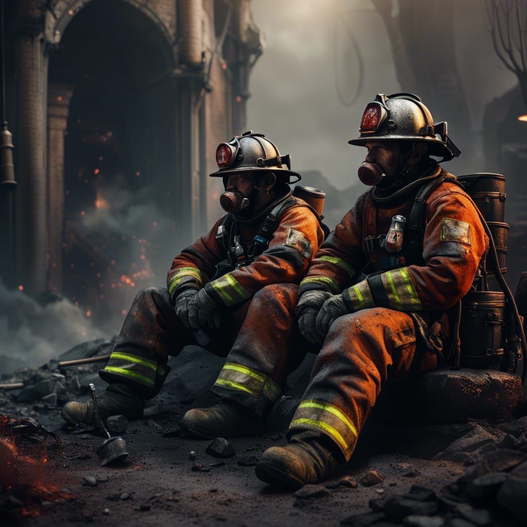 Exhausted Firefighters in Detailed Matte Painting