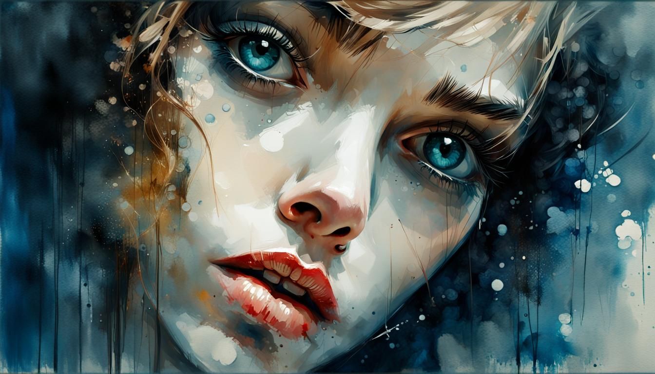 Stunning Ink Portrait of Beauty with Watercolor Effects