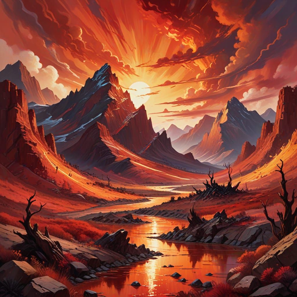 Fiery Surreal Landscape in Gouache Style