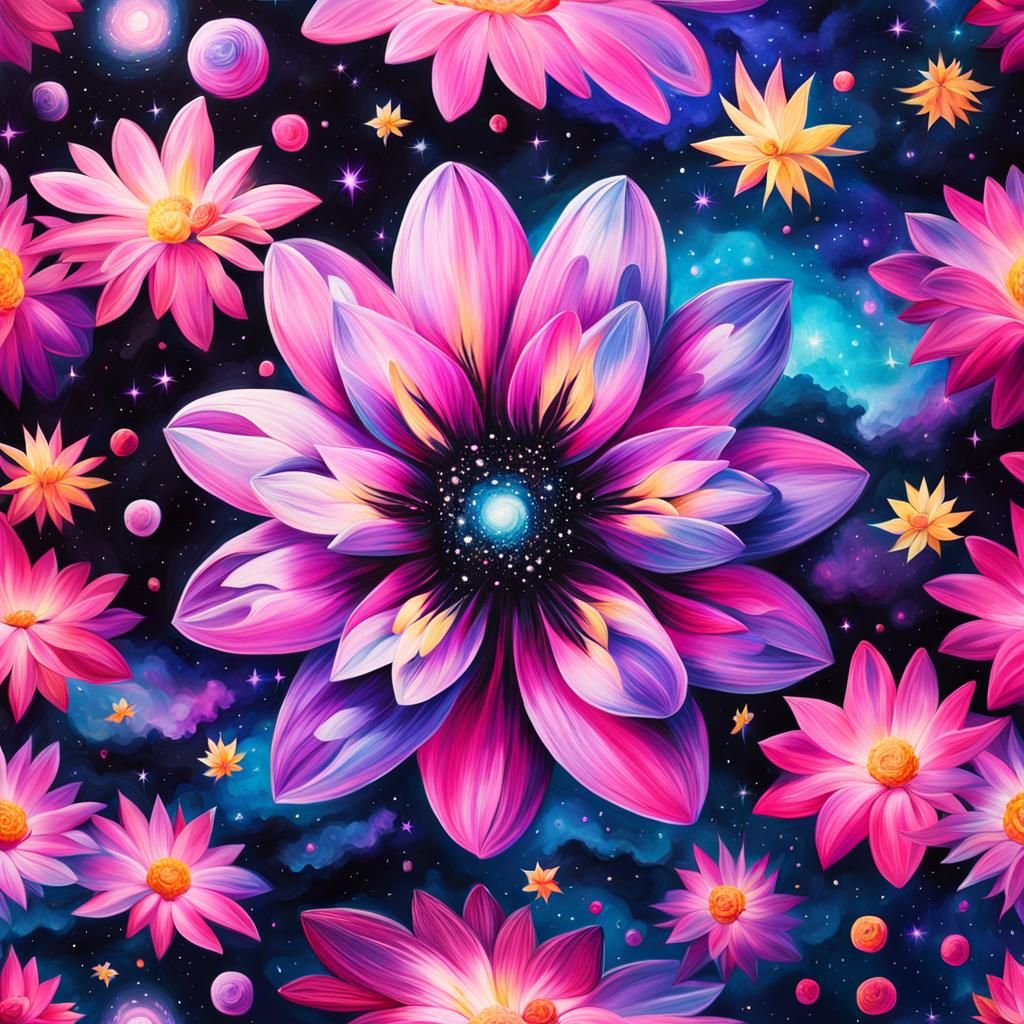 Surreal Magenta Flowers in Star Galaxy