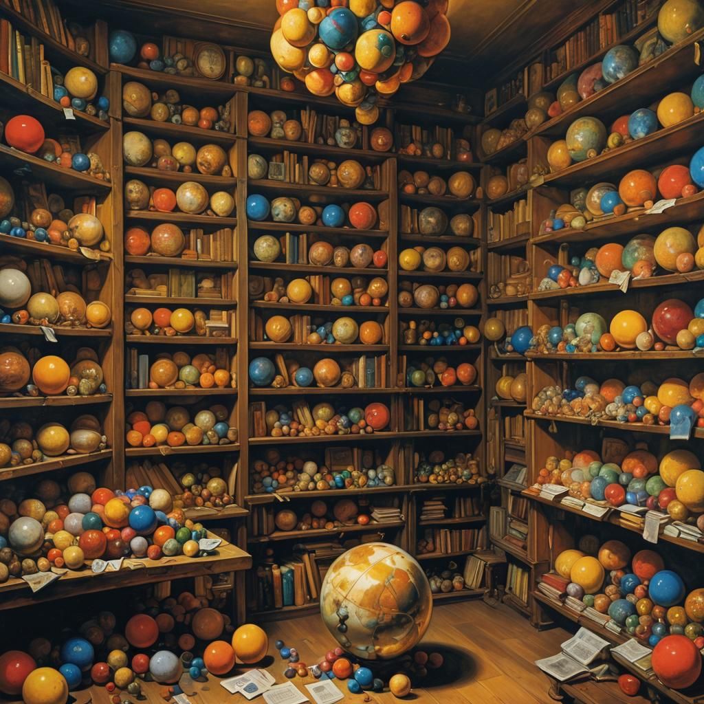 Text Spheres on Shelves as Oil Painting