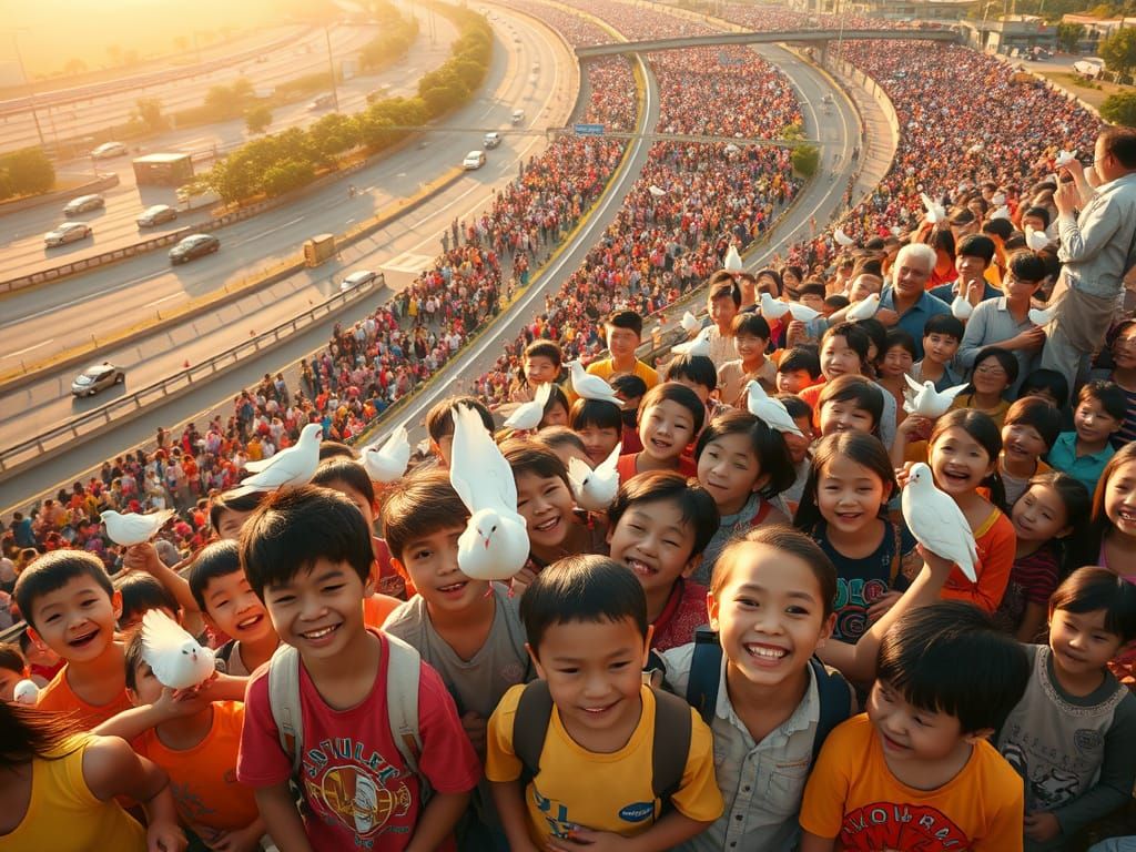 Joyful Children on Highway with Doves, Inspired by Kurosawa ...