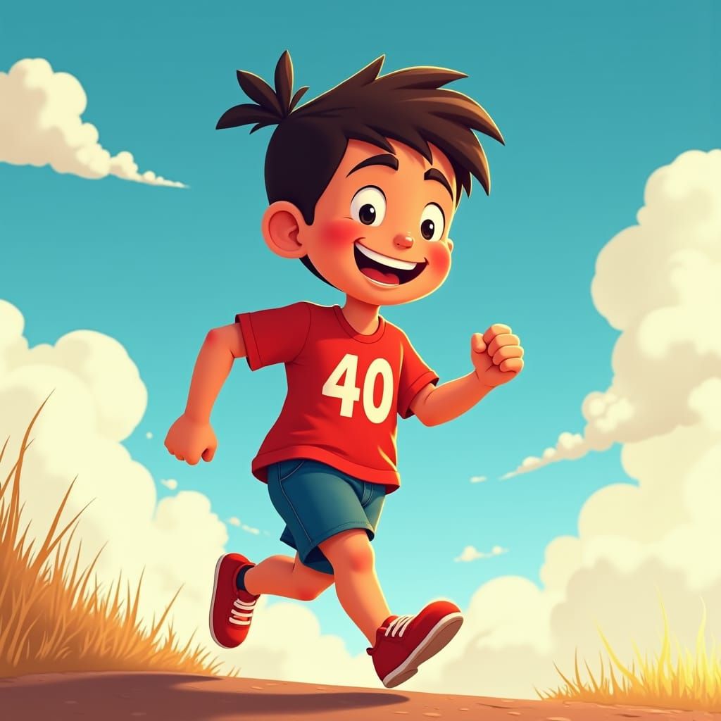 Joyful Boy Running with Red Flag in Cartoon Style