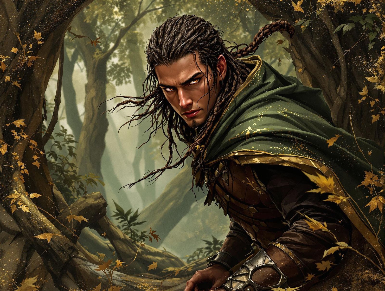 Athletic Young Rogue Surveys Ancient Forest in Watchful Gaze