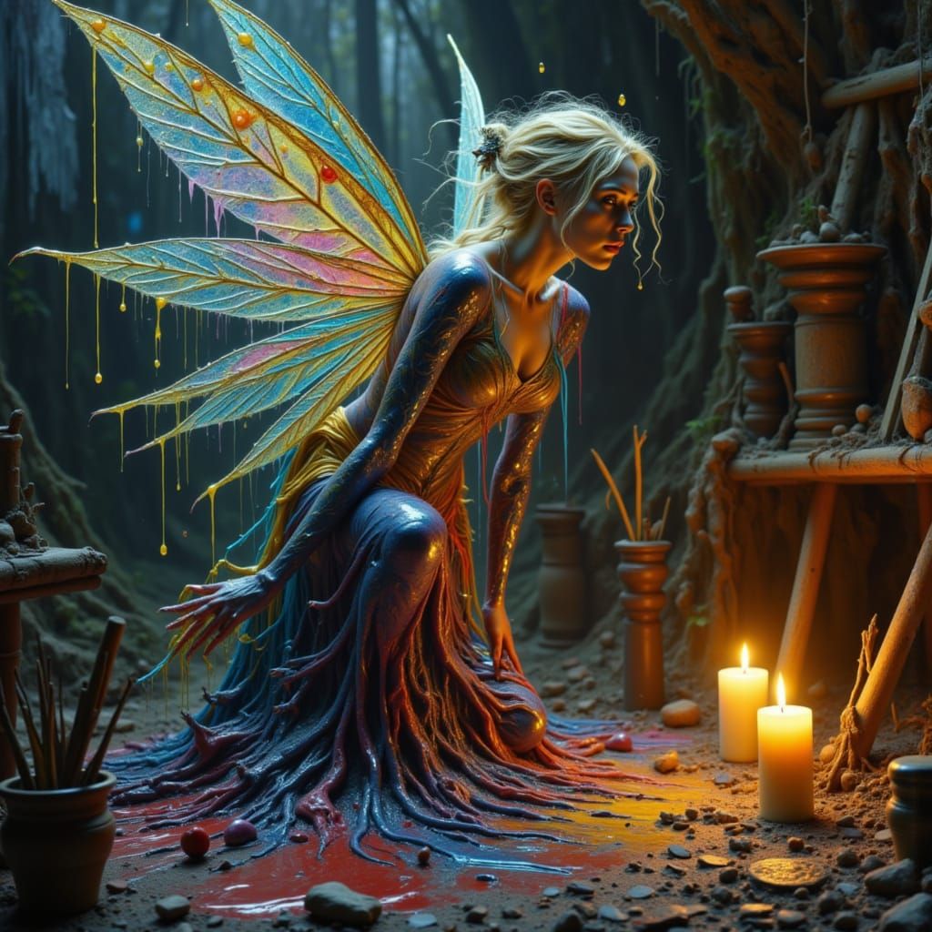 Fairy Emerges From Painted Canvas in Artist Studio