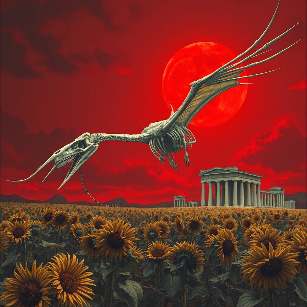 Gothic Horror Pterodactyl Soars Through Crimson Sky