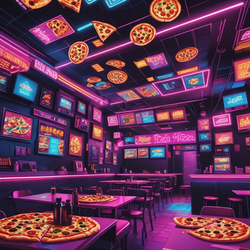 Synthwave Pizza Restaurant with Video Games