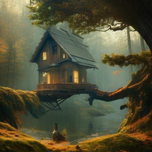 Cabin in Green Woods: Baroque Digital Painting