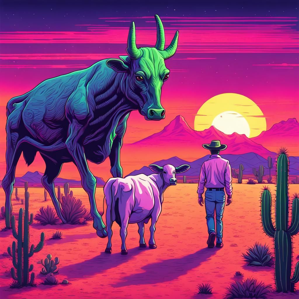 Synthwave Aliens Abduct Cow-Man at Sunrise
