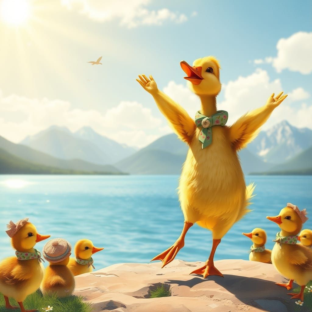 Duckling Dance on Summer Lake, Whimsical Watercolor Art