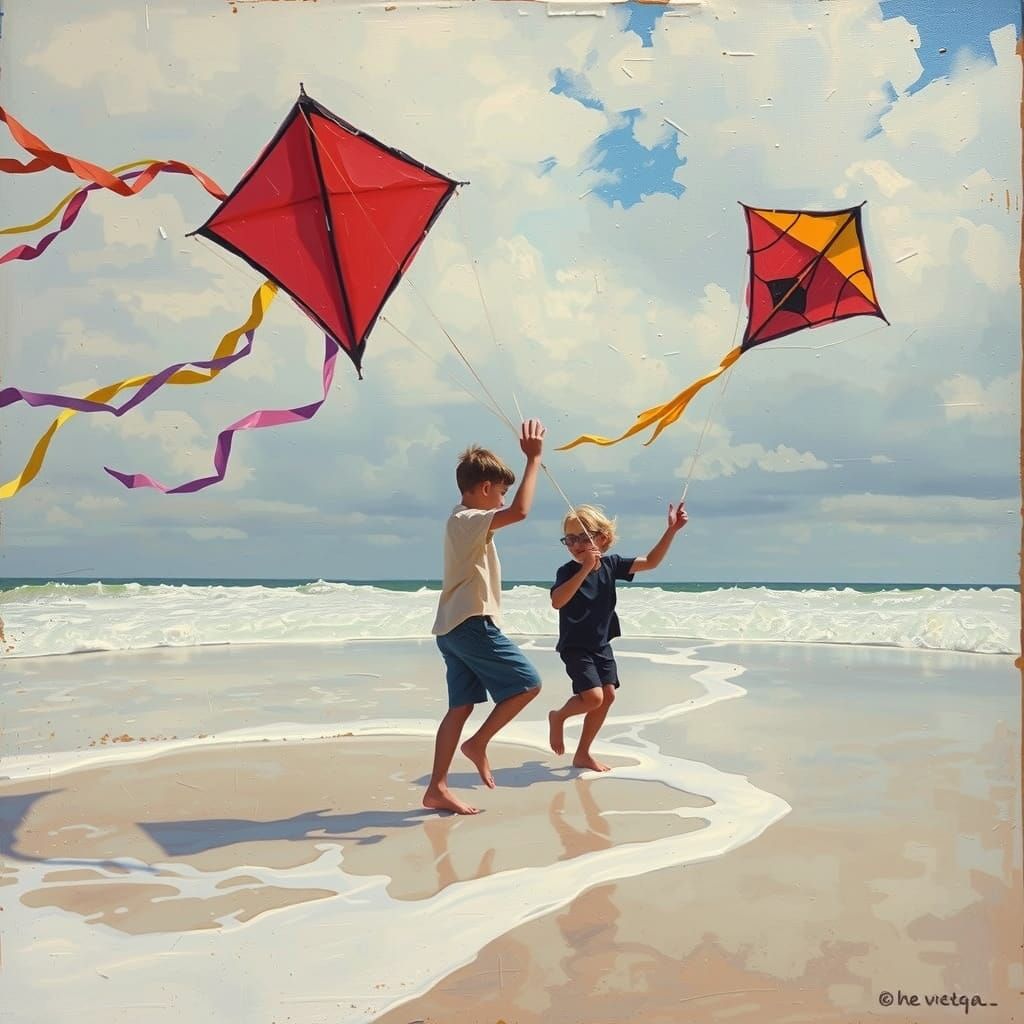 Boys Flying Kites on Beach in Impressionistic Style