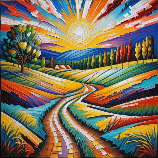 Rustic Mosaic Landscape in Impasto Acrylic Style