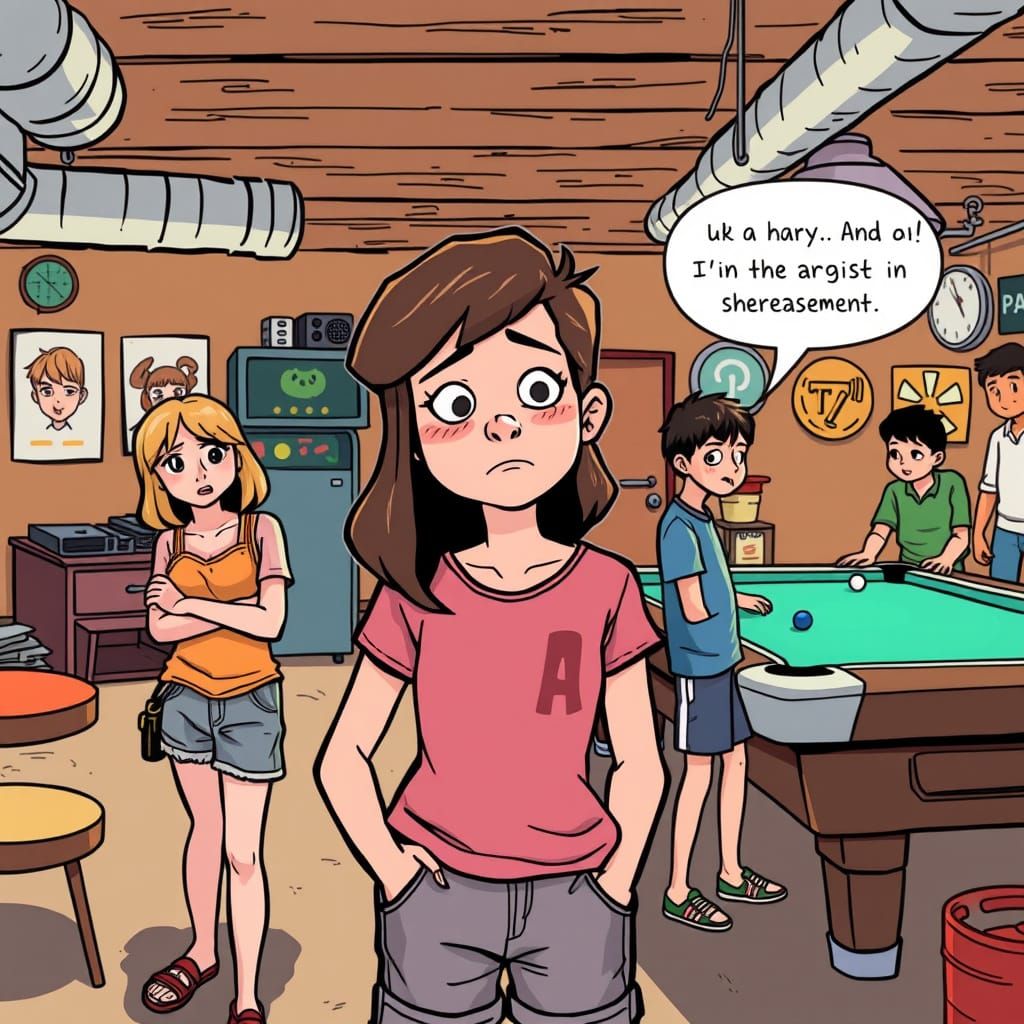 Teenager Embarrassed in Lively Basement Party Scene