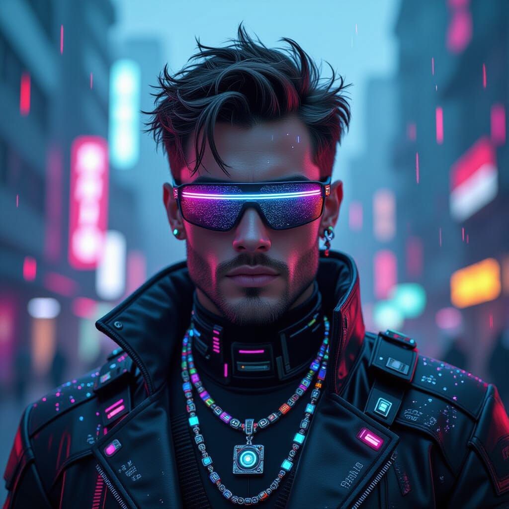 Futuristic Cyberpunk Man in Neon Cityscape