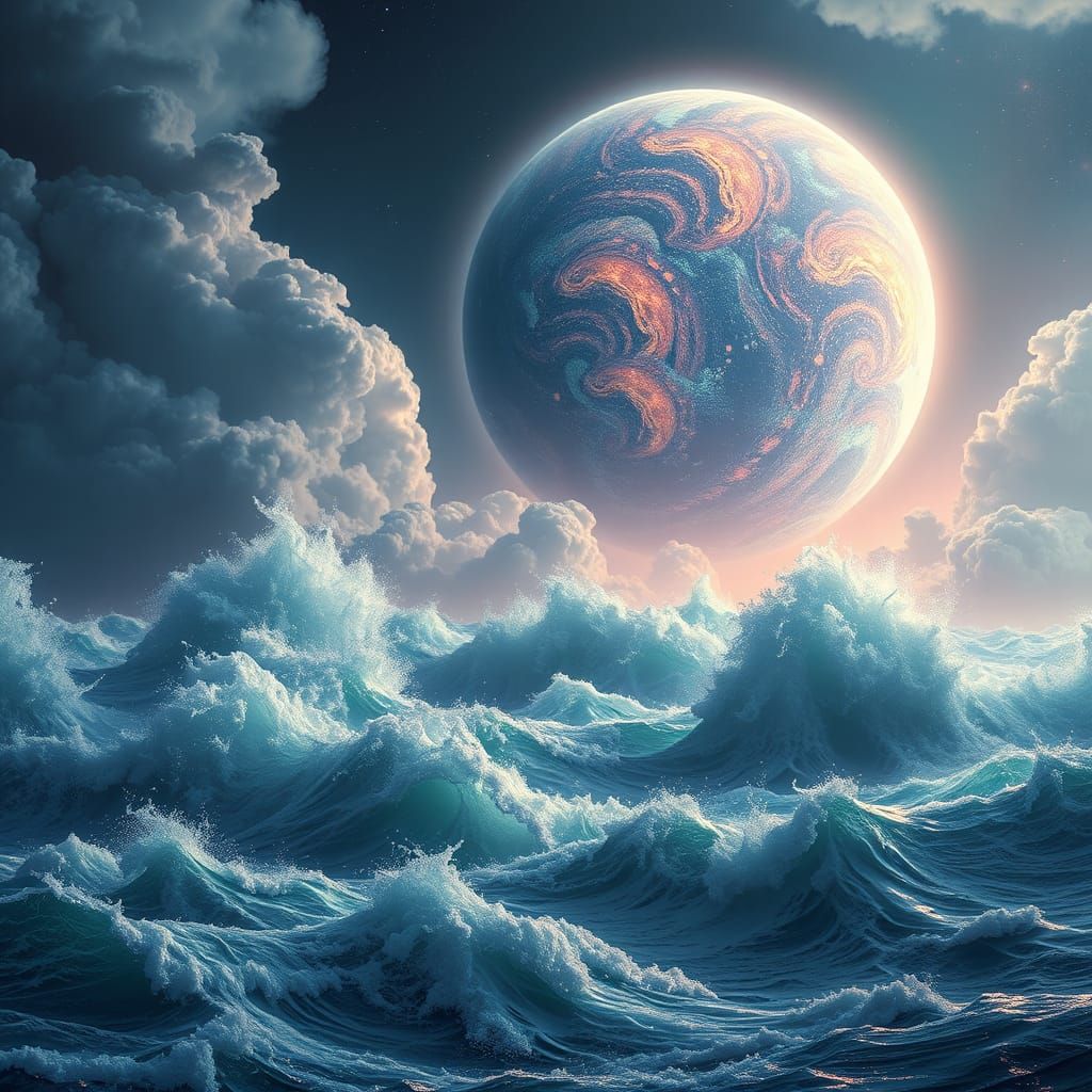 Stormy Sea with Alien Planet in Ethereal Light