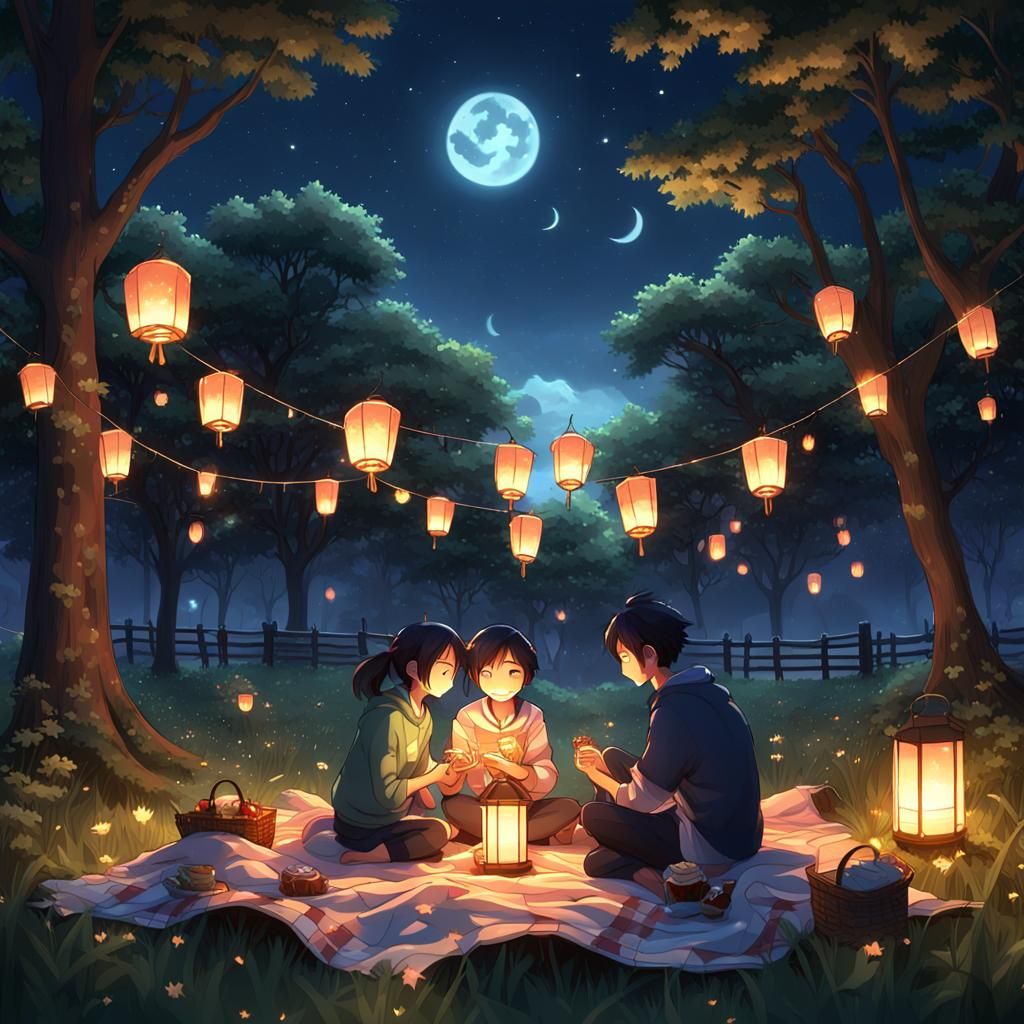 Romantic Midnight Picnic Under the Stars: 3D Anime Art