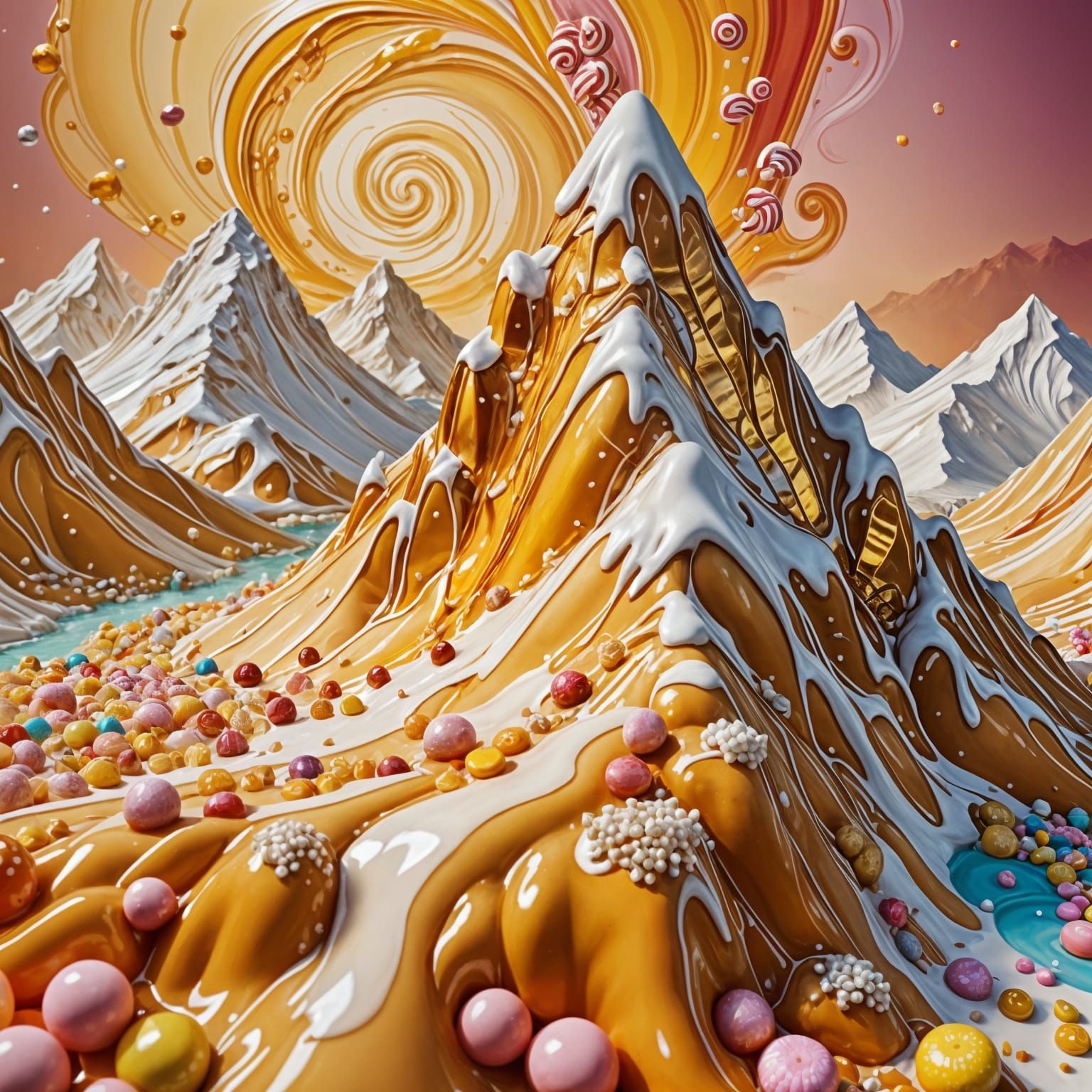 Whimsical Candy Mountain with Honey River
