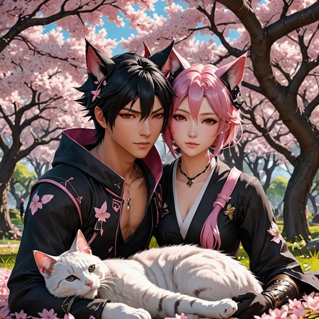 Anime Couple Under Sakura Tree in 3D Style
