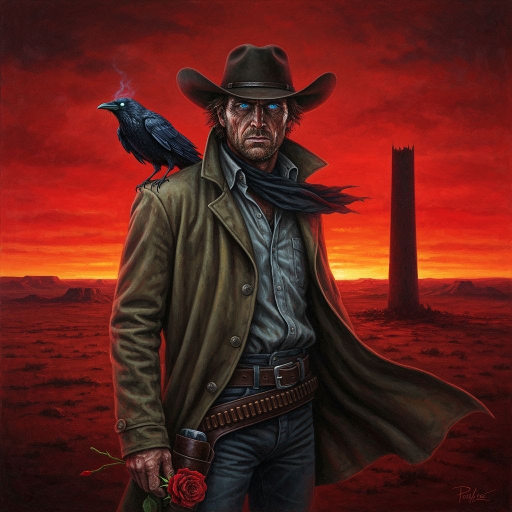 Lone Cowboy in Surreal Desert Sunset Oil Painting