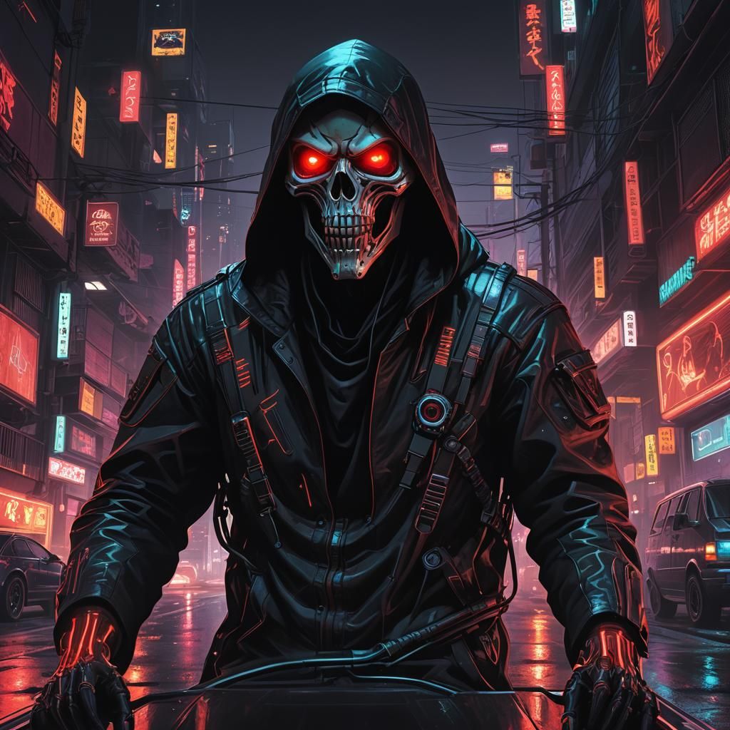 Cyberpunk Reaper Drives Hellish Van in Neon Noir