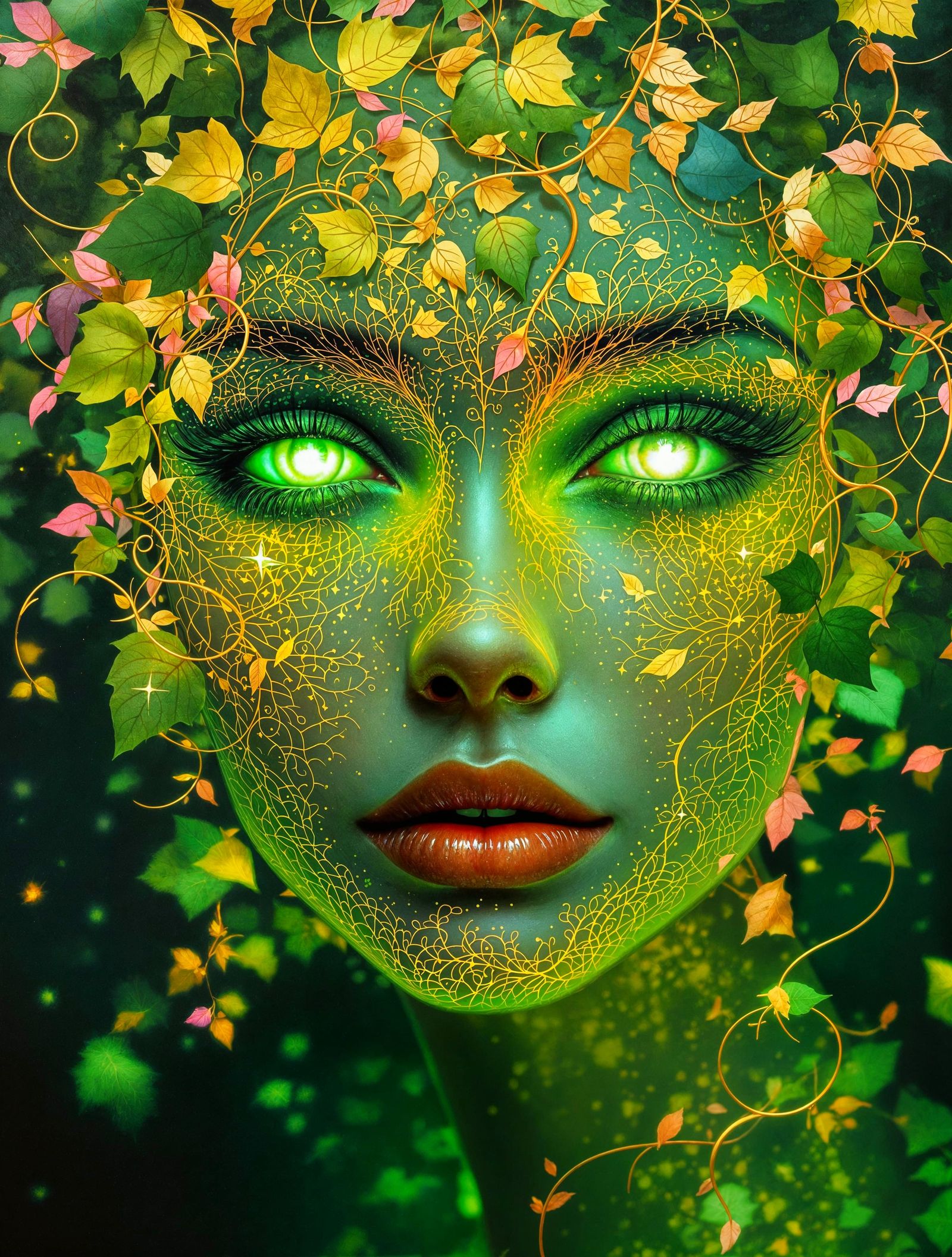 Ethereal Goddess in Luminous Green with Art Nouveau Vines
