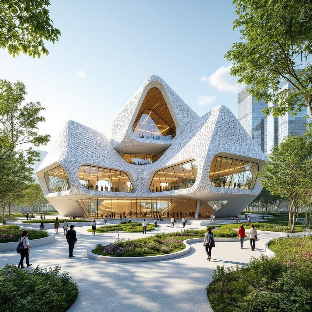 Futuristic 3D School Design with Intersecting Pyramids
