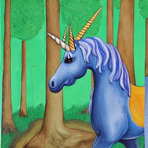 Detailed Gouache Painting of a Unicorn in Woods