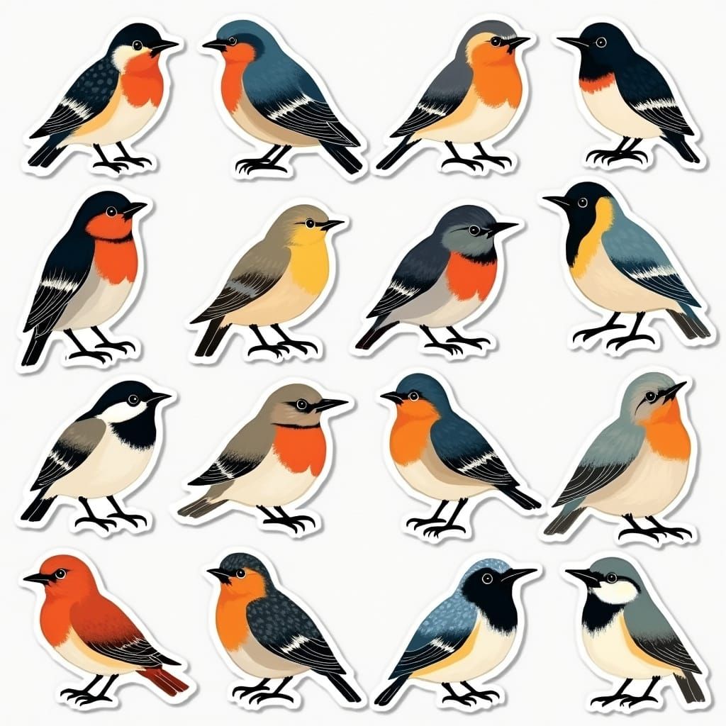 Vibrant Ukiyo-E Bird Illustrations in Sticker Sheet Layout