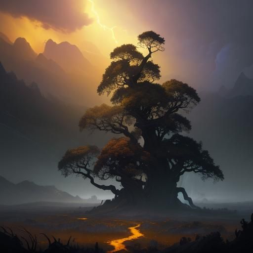Dark Fantasy Landscape with Twisted Trees in Digital Art