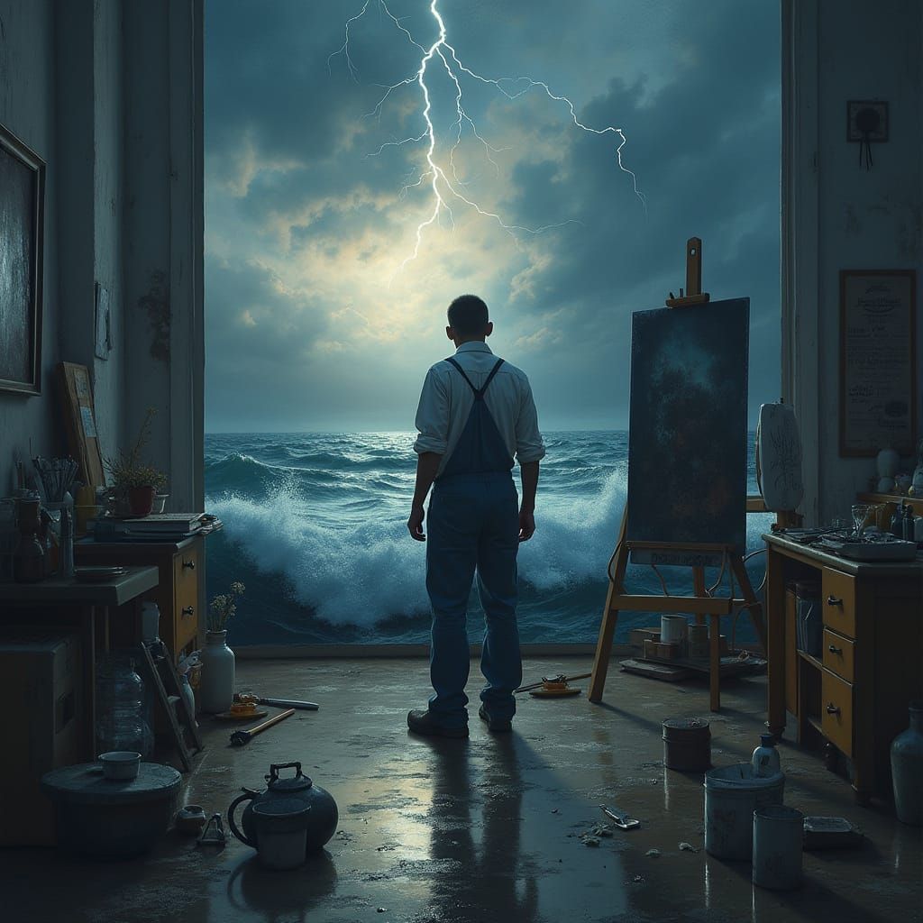 Painter in Stormy Studio: A Digital Masterpiece
