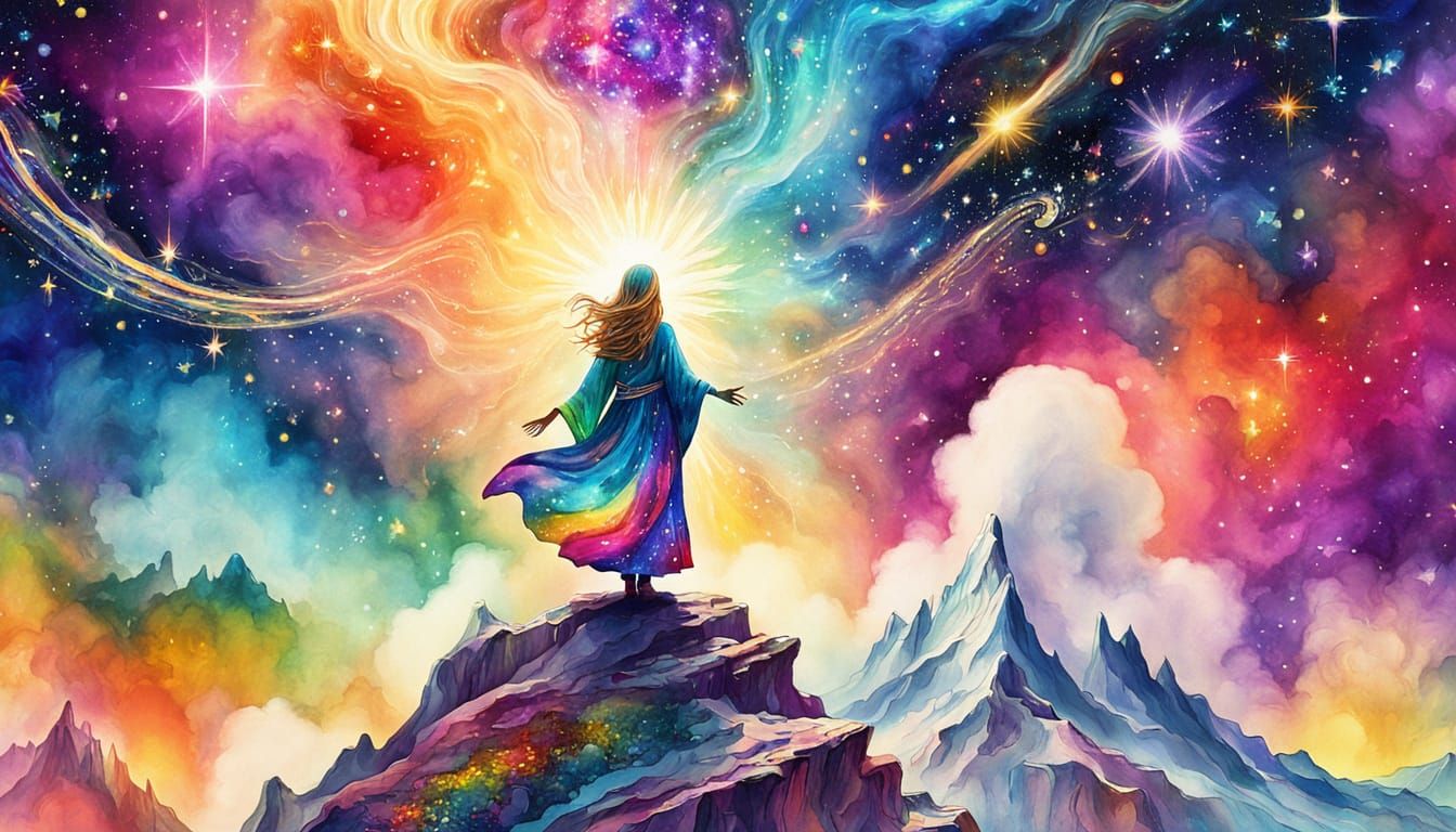 Psychedelic Priestess Illuminated by Cosmic Galaxy