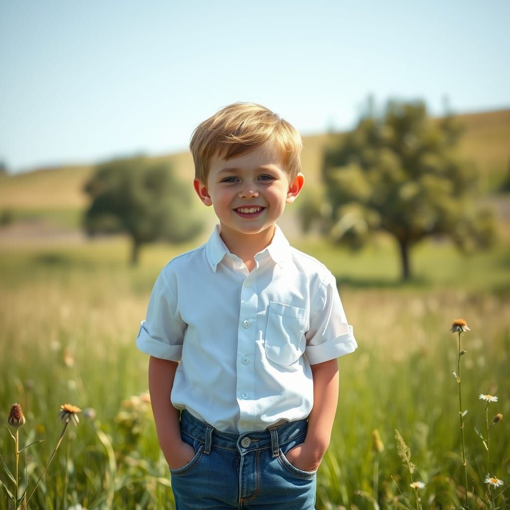 Photorealistic Boy in Serene Sunlit Meadow