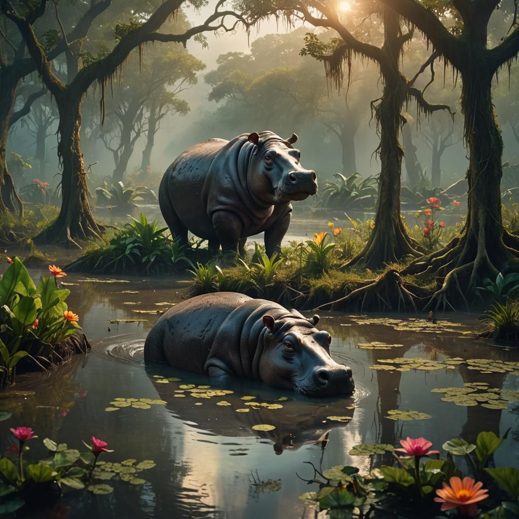 Hippo in Misty Swamp: Digital Matte Painting