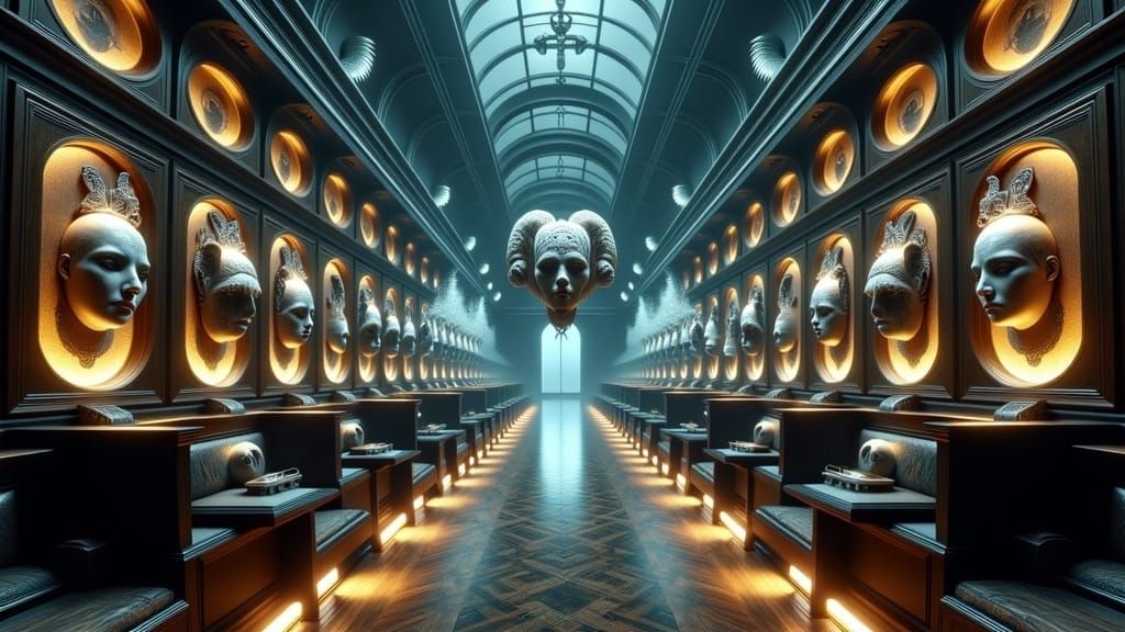 Otherworldly Masks in Eerie Museum Hall