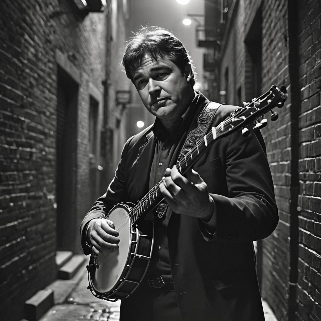 Noir Banjo Player in Dimly Lit Alleyway