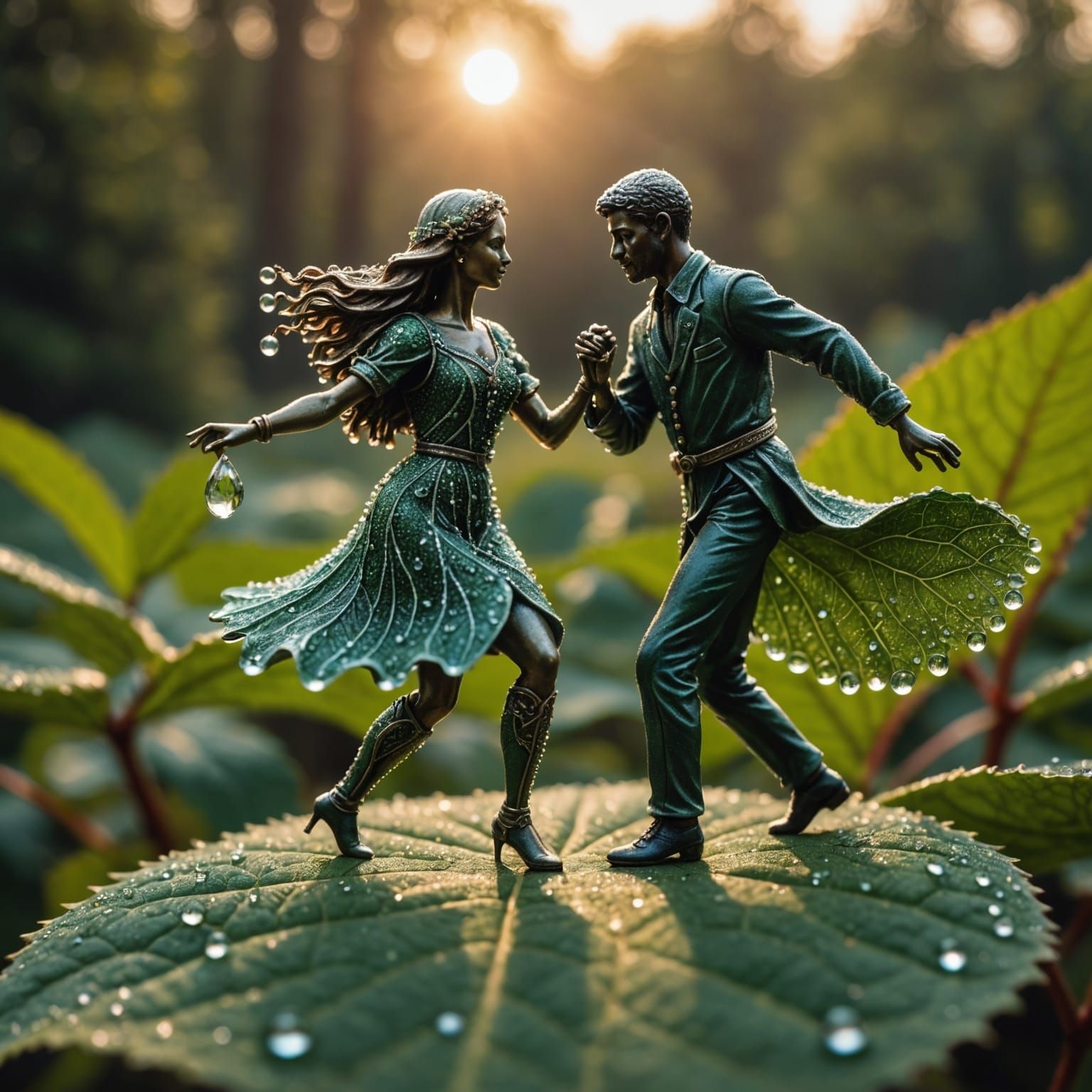 Miniature Couple Dancing on Leaf at Sunrise