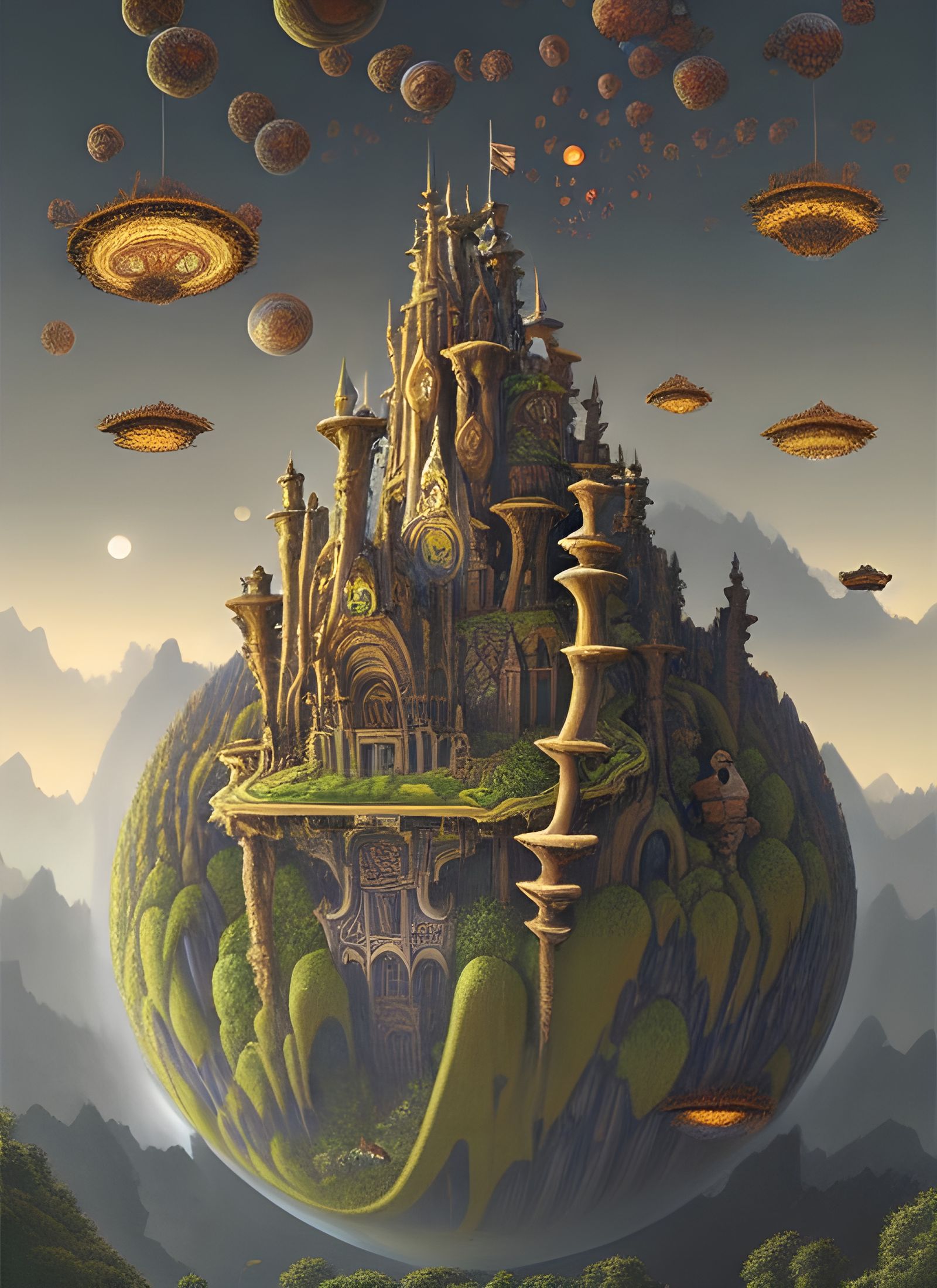 Floating Planetoid Castle in Dark Fantasy Style