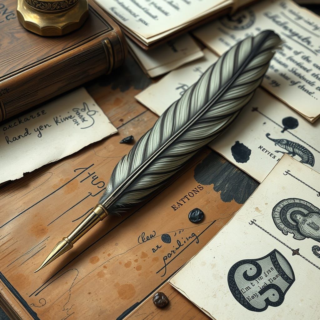 Vintage Feather Quill on Wooden Desk