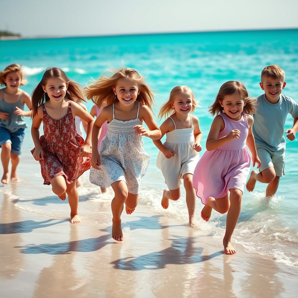 Carefree Children Running Along Turquoise Beach