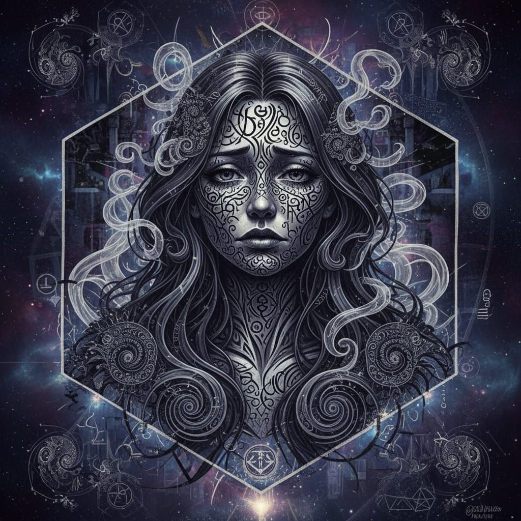 Hexagonal Ink Portrait of a Depressed Woman