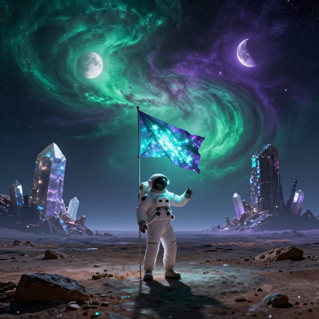 Astronaut Plants Bioluminescent Flag on Alien World