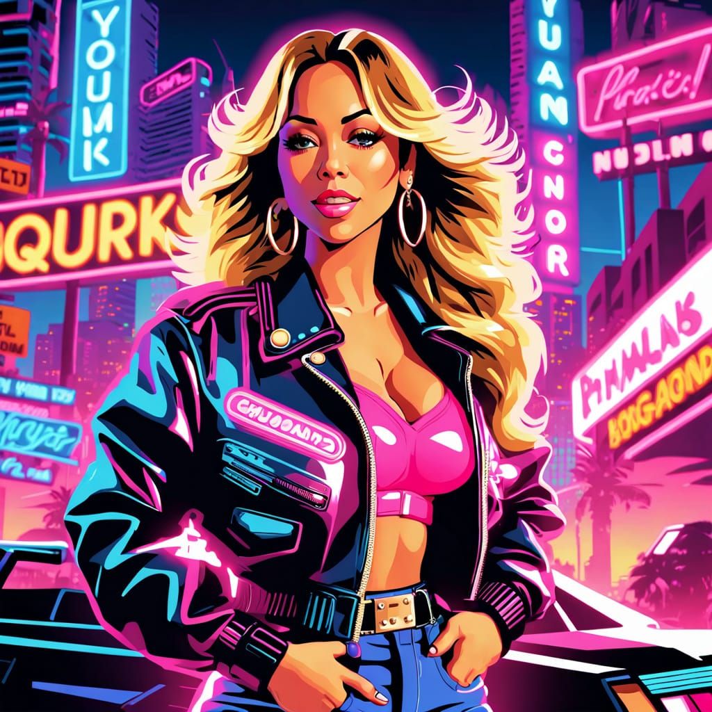 Vibrant Retro Cityscape in Neon Noir Style