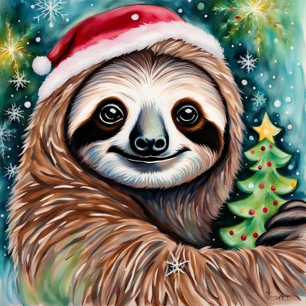 Christmas Sloth in Soft Pastels and Alcohol Inks